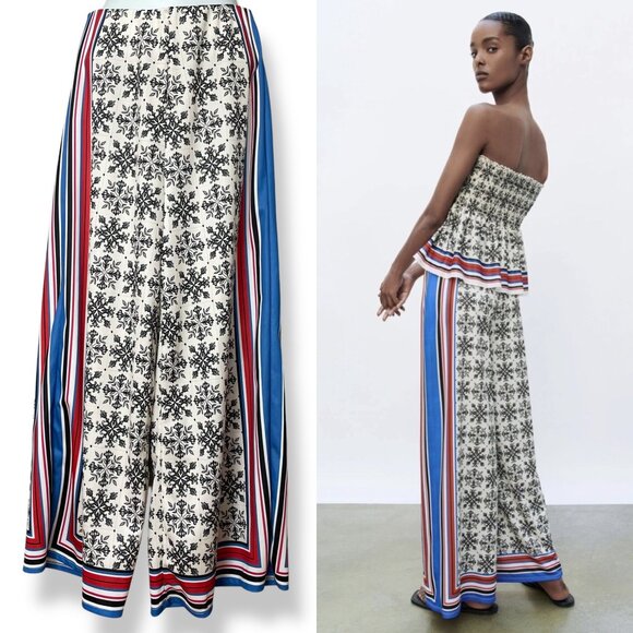 Zara Wide Leg High Waist Palazzo Scarf Print Flowing Trousers Moroccan Tile Smll - Picture 5 of 16